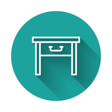 Beyaz çizgi mobilya komodininin simgesi uzun gölge arkaplanı ile izole edilmiş. Yeşil daire düğmesi. Vektör