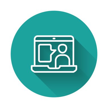 Farklı yabancı dilleri öğrenen beyaz çizgi, uzun gölge arkaplan ile izole edilmiş bir simge. Yeşil daire düğmesi. Vektör