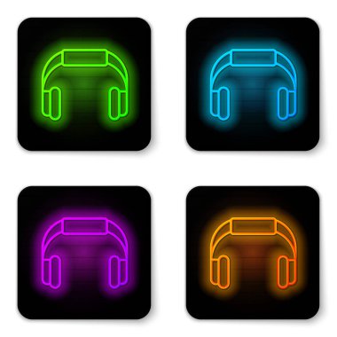 Glowing neon line Headphones icon isolated on white background. Earphones. Concept for listening to music, service, communication and operator. Black square button. Vector