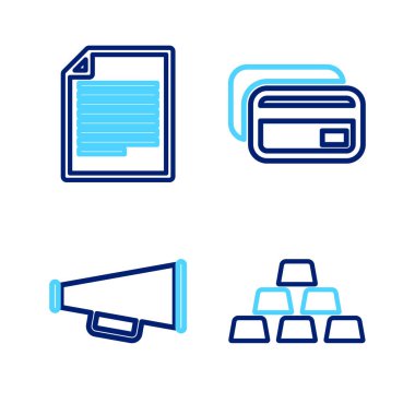 Satır altın külçeleri, megafon, kredi kartı ve belge simgesi. Vektör