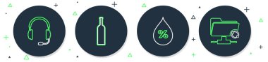 Şarap şişesi, su damlası yüzdesi, mikrofonlu kulaklıklar ve FTP senkronizasyon yenileme ikonu. Vektör