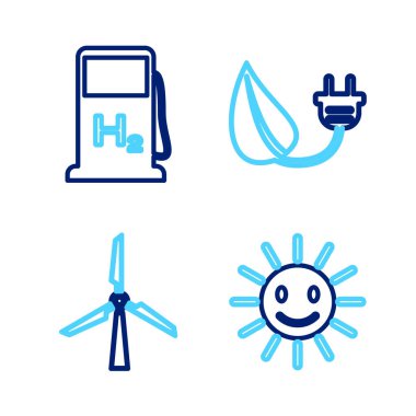 Sıralı şirin güneş, rüzgar türbini, elektrik prizi yaprağı ve hidrojen dolum istasyonu ikonu. Vektör