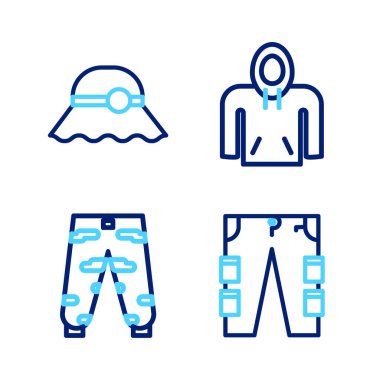 Kargo pantolonu, kamuflaj kargo, kapüşon ve zarif kadın şapkası ikonu. Vektör