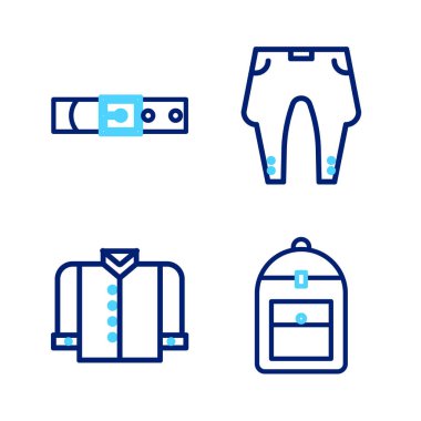 Sırt çantası, tişört, pantolon ve deri kemer ikonu. Vektör