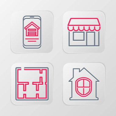 Line House 'u koruma altına alın, plan, market ve çevrimiçi emlak evi ikonu. Vektör
