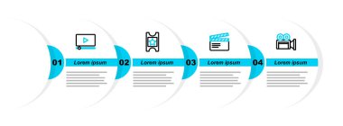 Cinema camera, Movie clapper, bilet ve Online playplay video simgesi ayarla. Vektör