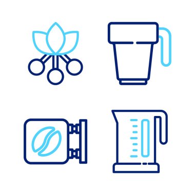 Elektrik ısıtıcısı, sokak tabelası kahve, kahve fincanı ve fasulye, dal simgesi. Vektör