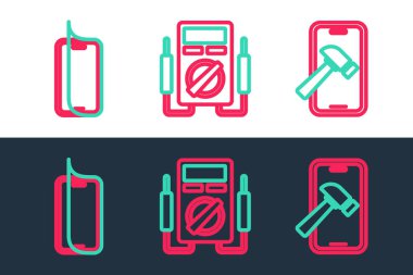 Hat Mobil 'i bozuk ekran, cam koruyucu ve çoklu metre simgesi ile ayarla. Vektör