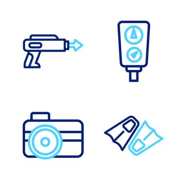 Yüzme hattı Flippers, fotoğraf makinesi dalgıcı, ölçü ve balıkçı zıpkını ikonu. Vektör