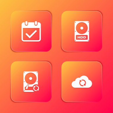 Takvimi işaretleme işareti, sabit disk sürücüsü HDD, eşzamanlama tazeleme ve bulut simgesi ile ayarla. Vektör.