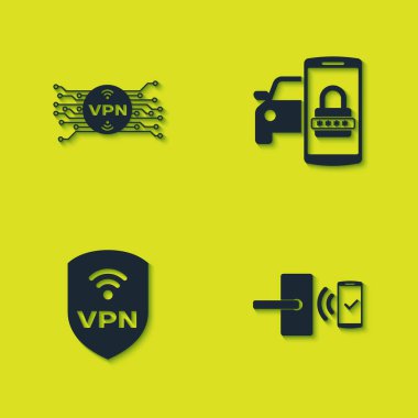 VPN 'i mikroçip devresi, dijital kapı kilidi kablosuz, Kalkan ve Smart araba güvenlik sistemi ikonu ile ayarla. Vektör.