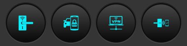 Dijital kapı kilidini kablosuz, akıllı araba güvenlik sistemi, VPN bilgisayar ağı ve simgeyle ayarla. Vektör.