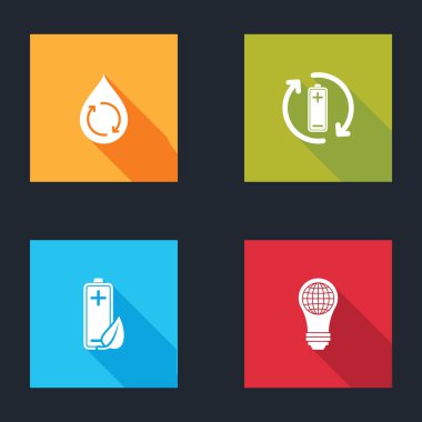 Geri dönüşüm temiz su, geri dönüşümlü pil, çevre yaprağı, pil ve ampul dünya ikonu. Vektör.