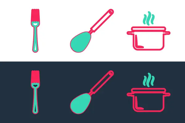 Definir Linha Cooking Pot Fork Kitchen Whisk Icon Vetor — Vetor de Stock