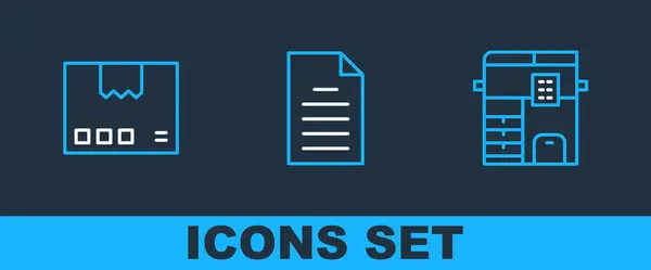 Set Line Copy Machine Carton Cardboard Box File Document Icon — Stock Vector