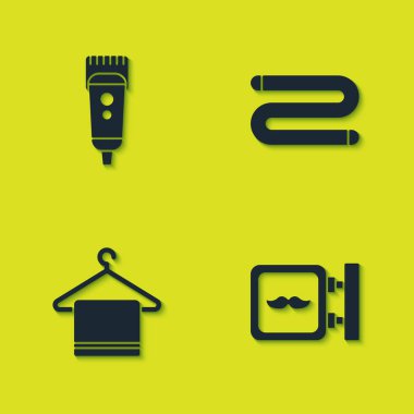 Elektrikli saç makasıyla tıraş makinesi, berber dükkanı, havluyu askıya al. Vektör.