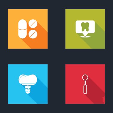 Ağrı kesici tablet, dişçi kliniği konumu, implant ve teftiş aynası ikonu ayarla. Vektör.