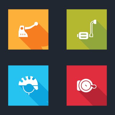 Bisiklet frenini, pedalı, miğferi ve çan simgesini ayarla. Vektör.