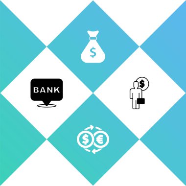 Banka binası, para değişimi, çanta ve iş adamı planlama ikonu. Vektör