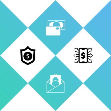 Kalkanı dolarla, zarfı sembolle, kredi kartıyla ve akıllı telefon simgesiyle ayarla. Vektör