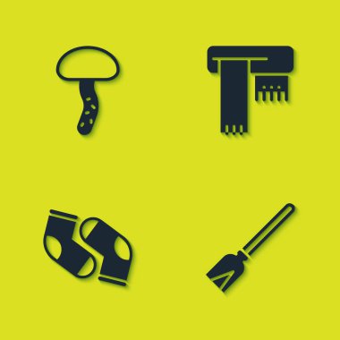 Mantar, süpürge, çorap ve kış eşarbı ikonu. Vektör