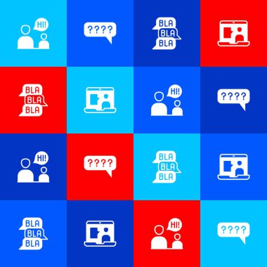 Oturan İki Adam 'ı konuşturun. Soru, sohbet ve yabancı dil çalışma simgesi içeren konuşma baloncukları. Vektör