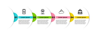 Sabit hat, alışveriş arabası, konum, tabela asma ve alışveriş torbası indirimi. Ticari bilgi şablonu. Vektör.