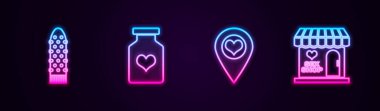 Set line Dildo vibrator, Bottle with pills for potency, Location heart and Sex shop building. Glowing neon icon. Vector.