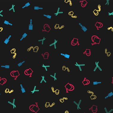 Bahçe çatalı, bahçe makası, su kovası ve pürüzsüz desen. Vektör.