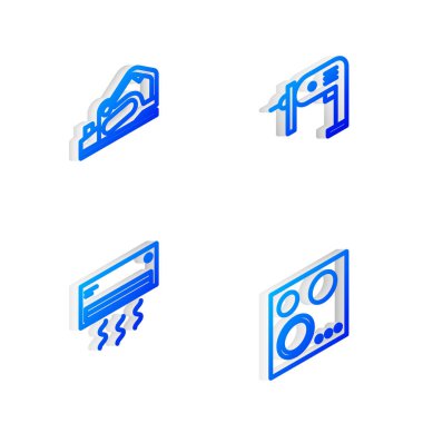 Isometric hattı elektrikli matkap, planör aleti, klima ve gaz soba simgesini ayarla. Vektör.