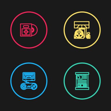 Oyun konsolunu joystick, guide, Racing simulator kokpit ve CD DVD disk kutusu simgesi ile ayarla. Vektör.