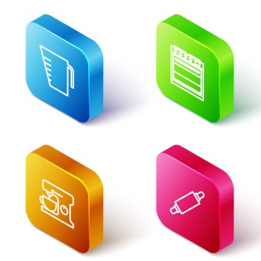 Isometric hattı ölçüm kabını, fırını, elektrikli karıştırıcıyı ve Rolling pin simgesini ayarla. Vektör.