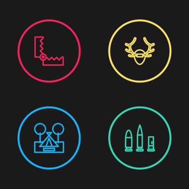 Kuyruk çadırı, mermi ve kartuş, geyik boynuzları kalkan ve tuzak avlama ikonu. Vektör