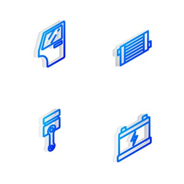 Isometric hattı araba soğutma sistemi, kapı, motor pistonu ve pil simgesini ayarla. Vektör