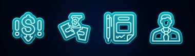 Satır fiyatı düşüşü, para banknotu yırtılması, sözleşme, kalem ve işçiler. Parlayan neon ikonu. Vektör