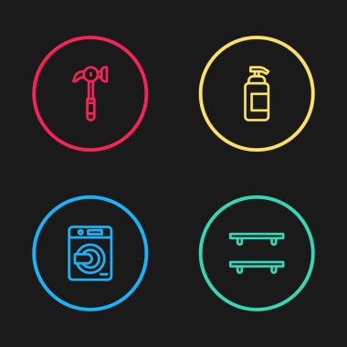 Çamaşır makinesi, boş ahşap raflar, antibakteriyel sabun ve çekiç simgesi. Vektör