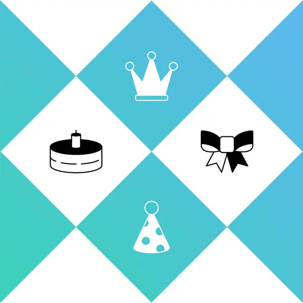 设置蛋糕与燃烧的蜡烛 党的帽子 皇冠和礼物弓图标 — 图库矢量图片
