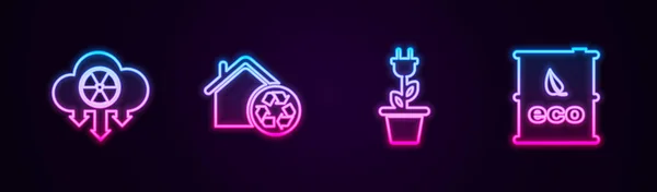 设置线路酸雨和放射性云 生态屋与循环利用 电源插座和生物燃料桶 发光的霓虹灯图标 — 图库矢量图片