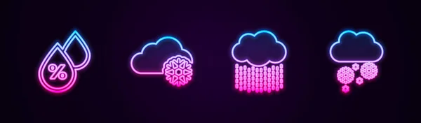 Set Line Water Drop Percentage Cloud Snow Rain Glowing Neon — Stock Vector