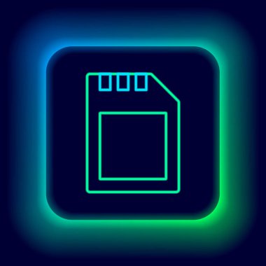 Parlayan neon hattı SD kart simgesi siyah arkaplanda izole edildi. Hafıza kartı. Adaptör simgesi. Renkli taslak konsepti. Vektör