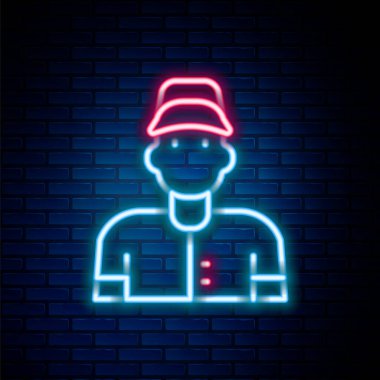 Parlayan neon hattı beyzbol oyuncusu simgesi tuğla duvar arkasında izole edildi. Renkli taslak konsepti. Vektör