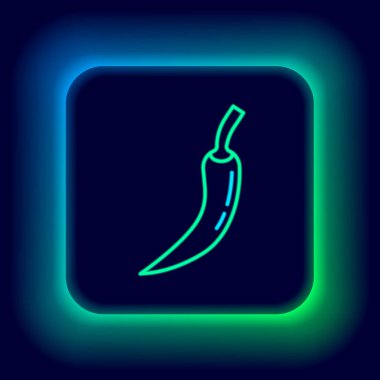 Parlayan neon hattı Siyah arka planda izole edilmiş acı biber kabuğu simgesi. Market, mutfak ürünleri, baharat ve baharat paketi, yemek kitabı için tasarım. Renkli taslak konsepti. Vektör