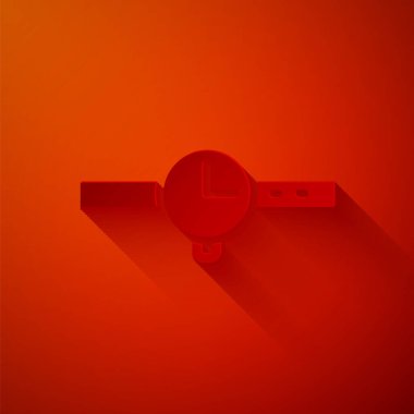 Kağıt kesiği Kol saati simgesi kırmızı arkaplanda izole edildi. Kol saati simgesi. Kağıt sanatı tarzı. Vektör.