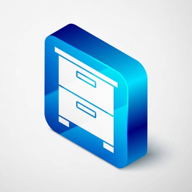 Gri arkaplanda izole edilmiş Isometric Mobilya komodininin simgesi. Mavi kare düğme. Vektör.