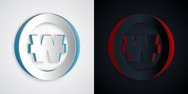 Kağıt kesiği Güney Kore para ödülü ikonu. Gri ve siyah arka planda izole edilmiş. Güney Kore para birimi işi, ödeme ve finans. Kağıt sanatı tarzı. Vektör