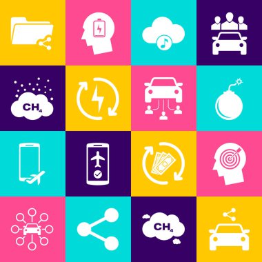 Araba paylaşımı, kafa avlama konsepti, bombanın patlamaya hazır olması, müzik yayın servisi, şarj etme ve metan emisyon azaltma ikonu. Vektör