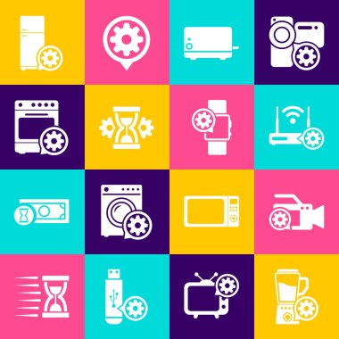 Blender 'ı kase ayarı, video kamera, Router ve wi-fi, tost makinesi, kum saati ve fırın ikonu ile ayarla. Vektör