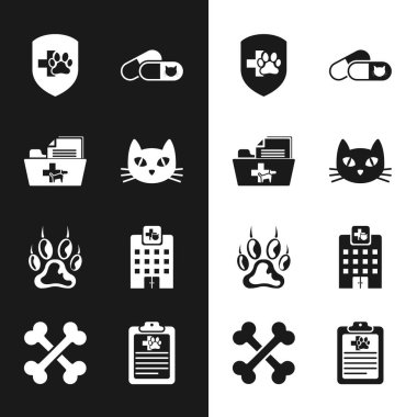 Cat, tıbbi veteriner kayıtları, hayvan sağlığı sigortası, haplar, pençe izi ve veterinerlik hastanesi ikonu. Vektör