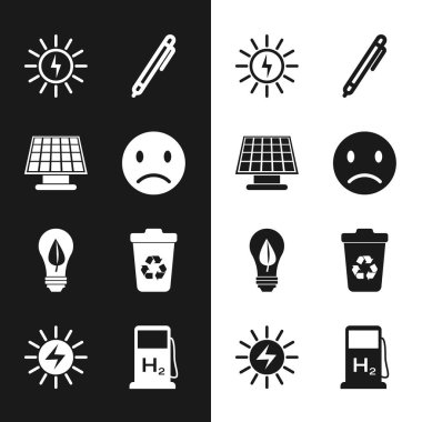 Üzgün gülümseme, güneş enerjisi paneli, yapraklı ampul, geri dönüşüm kutusu, hidrojen dolum istasyonu ve simge. Vektör