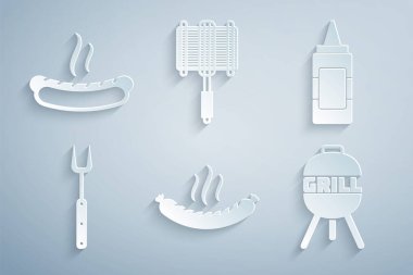 Sosis, hardal şişesi, ızgara çatalı, ızgara, çelik ızgara ve Hotdog sandviç ikonu. Vektör